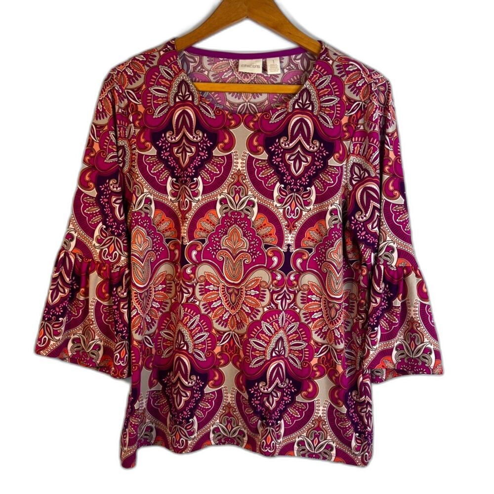 Chicos‎ Paisley Pattern Bell Sleeve Blouse Abstract Artsy Boho Size 1/Small